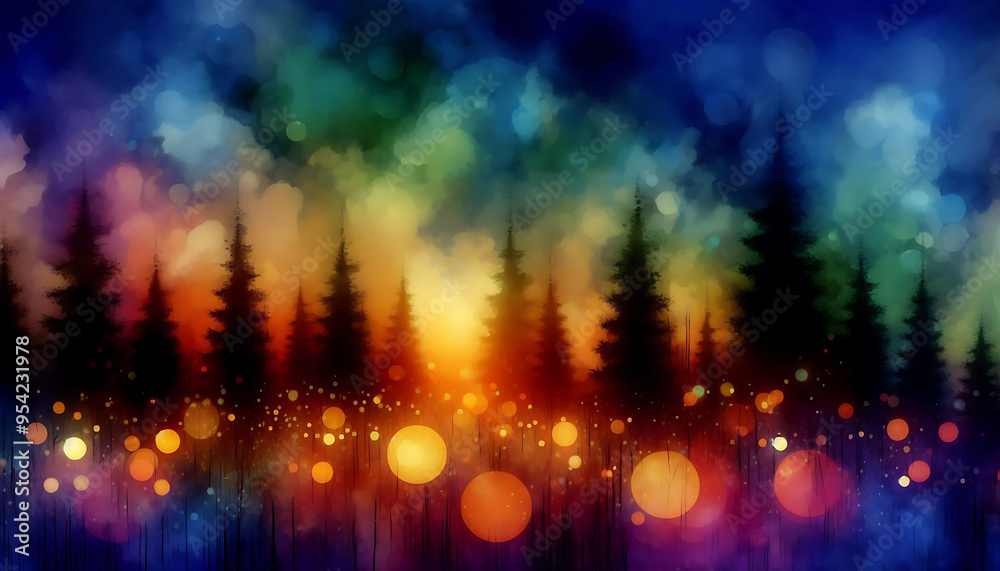 Fototapeta premium Abstract depiction of a forest at dusk tall dark evergreen trees against a colorful background. The scene is illuminated by numerous glowing orbs of light in warm hues of orange yellow and cool blues