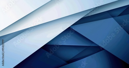 A modern abstract design featuring layered blue and white geometric shapes.