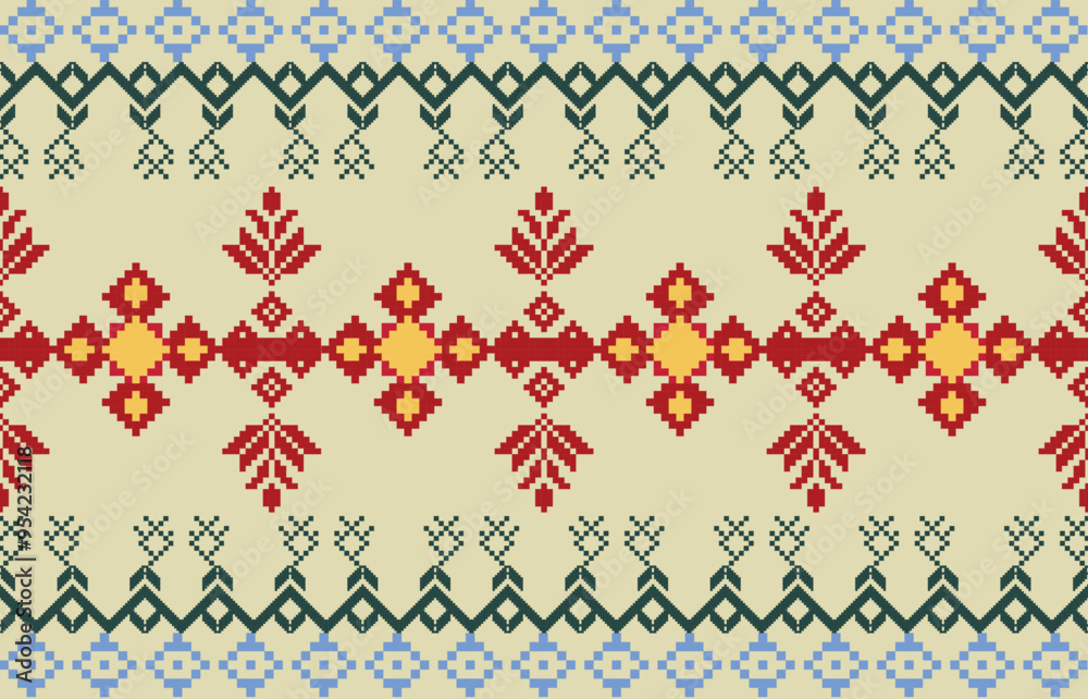 Traditional Geometric Pixel Art Fabric Pattern | Retro Vector Design for Textiles - Created with Affinity Designer