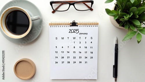 Minimalist 2025 Desk Calendar, A clean and minimalist desk calendar turned to January 1, 2025, surrounded by a coffee cup, glasses, and a plant, appealing to those interested in fresh STA copy