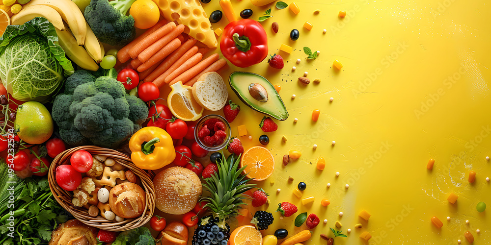 Top View Photography of a Supermarket Shopping Basket Full of Grocery Products Floating Fresh Fruits and Vegetables on a Lively Yellow Background Top View Photography of a Supermarket Shopping Basket Full of Grocery Products Floating Fresh Fruits and Vegetables on a Lively Yellow Background