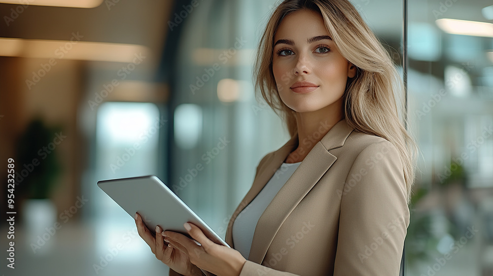 Portrait of a beautiful businesswoman in a beige suit holding a tablet while standing against a glass wall Portrait of a beautiful businesswoman in a beige suit holding a tablet while standing against a glass wall
