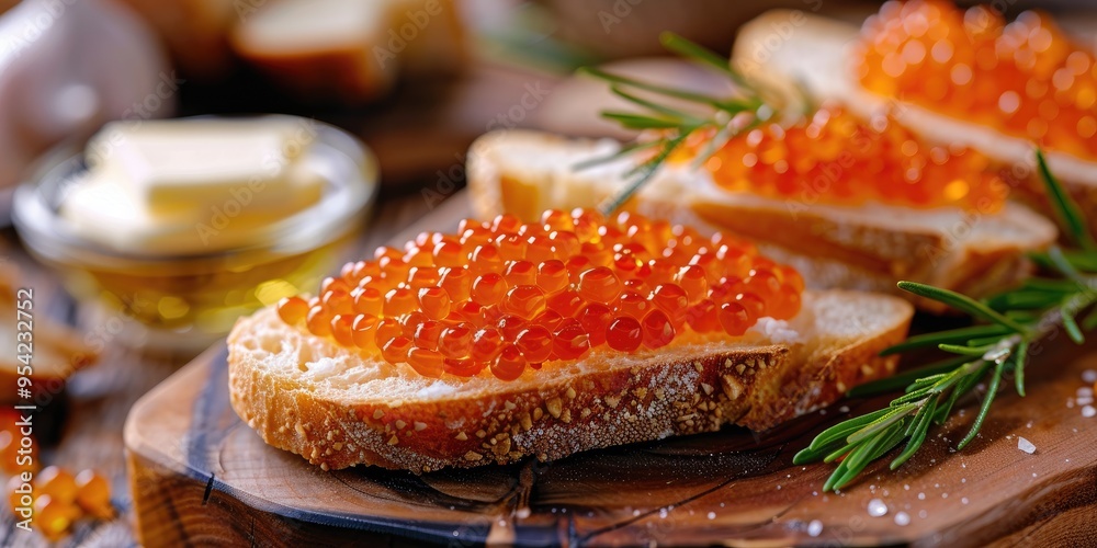 Red Caviar or Trout Roe with White Baguette and Butter Sandwiches with Loaf Butter and Red Caviar