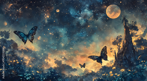 Celestial Tranquility: Butterflies Among Cosmic Dreams