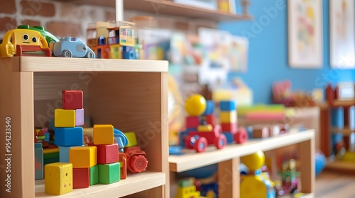 Colorful Wooden Blocks Stacked on Shelf in Playroom