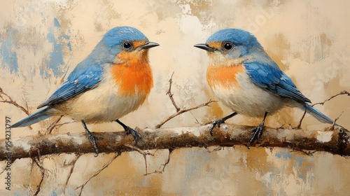 Two bluebirds, a male and female, are perched on a branch, facing each other. They have blue heads, orange chests, and gray wings and tails. photo