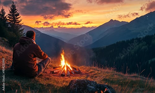 Wallpaper Mural Man Relaxing by a Campfire with Breathtaking Mountain Views Torontodigital.ca