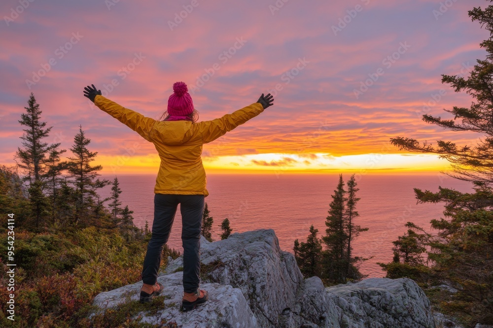 Person Admiring Vibrant Sunset Over Ocean on Rocky Cliff, Surrounded by Forested Landscape and Trees Person Admiring Vibrant Sunset Over Ocean on Rocky Cliff, Surrounded by Forested Landscape and Trees