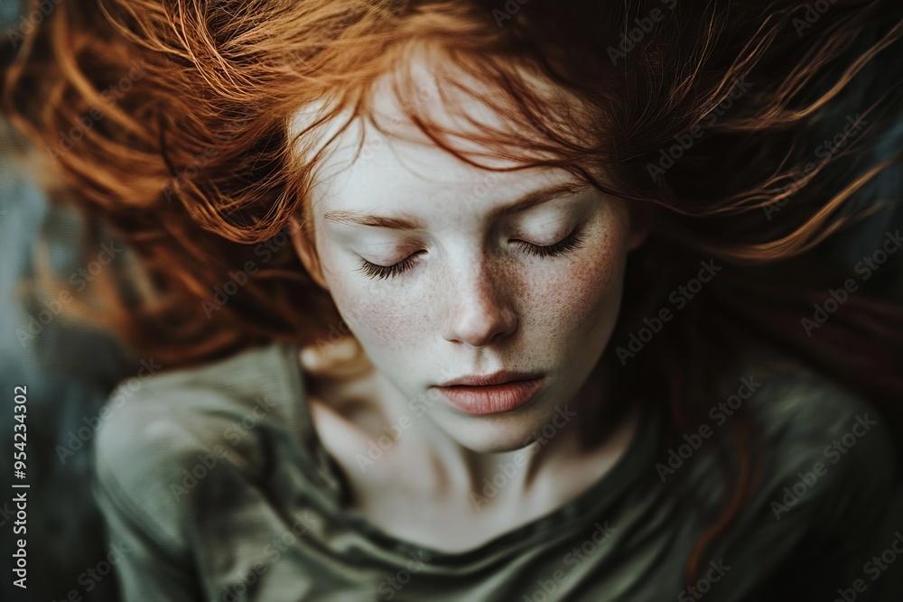 Serene Portrait of a Young Woman with Freckles and Red Hair in Soft Light Serene Portrait of a Young Woman with Freckles and Red Hair in Soft Light