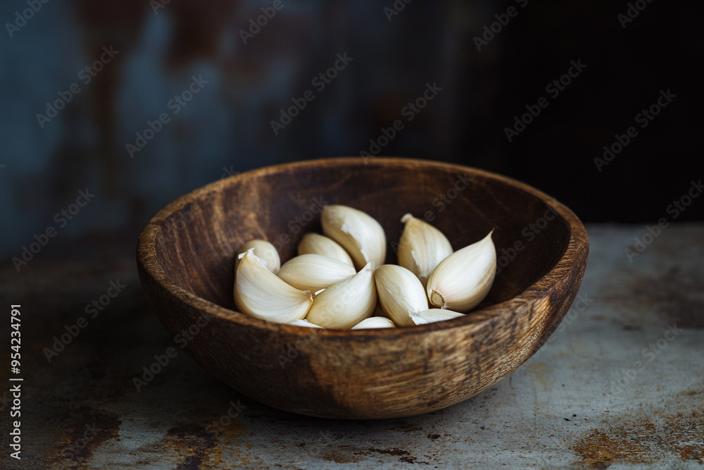 Fresh organic garlic cloves in a wooden cup Fresh organic garlic cloves in a wooden cup