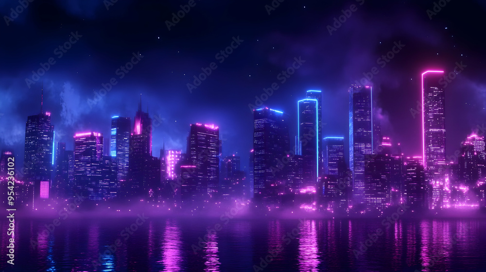 Neon city skyline reflected in a still body of water at night. Neon city skyline reflected in a still body of water at night.