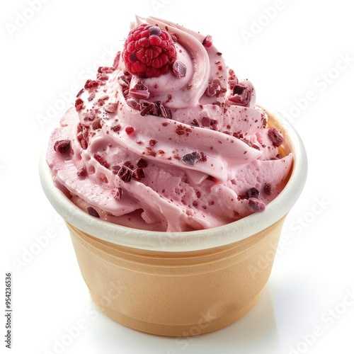 Freshly prepared berry yogurt cupcake sundae in a white plastic cup.