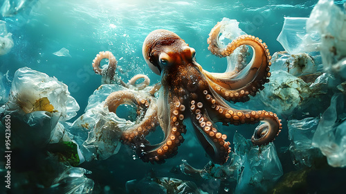 Octopus swims through plast...