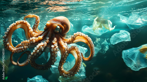 Octopus surrounded by plast...