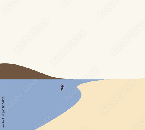 Man jumping into sea on holiday vacation. Delightful enjoying success and freedom outdoors. Wellbeing, travel and summertime. Minimal Design