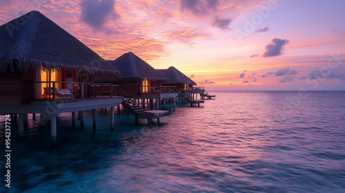 Overwater bungalows on stilts in a tropical lagoon at sunset.