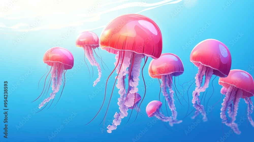 A vibrant school of jellyfish gracefully swimming through the open ocean, illustrated in a modern cartoon style.