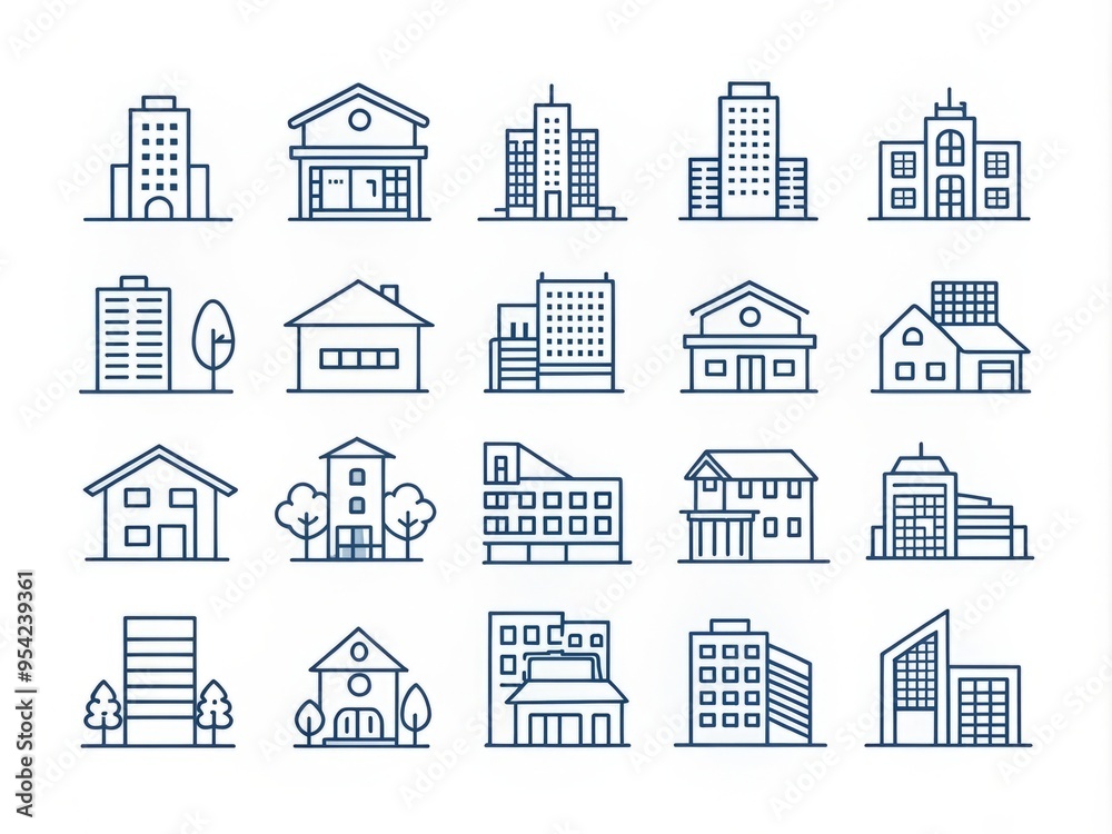 Sleek line icon set featuring modern homes, buildings, and architectural elements in minimalist design, perfect for Sleek line icon set featuring modern homes, buildings, and architectural elements in minimalist design, perfect for