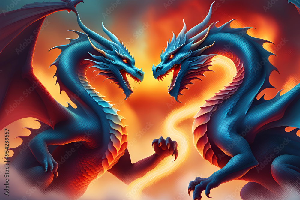 Two blue dragons are fighting. Two blue dragons are fighting.