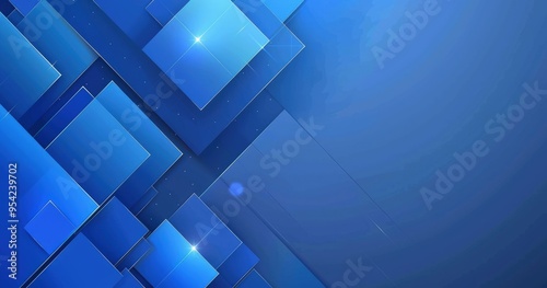 A blue abstract background featuring layered geometric shapes and gradients.