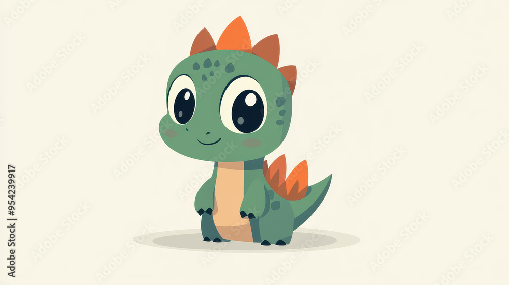 Cute green dinosaur baby with smiling face, sharp brown spikes, big eyes, and bright orange tail wings in a fun cartoon style. Cute green dinosaur baby with smiling face, sharp brown spikes, big eyes, and bright orange tail wings in a fun cartoon style.