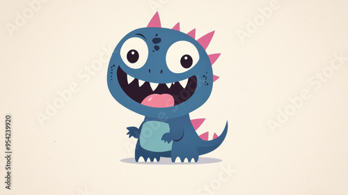 Fototapeta Naklejka Na Ścianę i Meble -  A cheerful baby blue dinosaur with pink fangs and sharp spines, joyfully raising its head in a playful cartoon style.