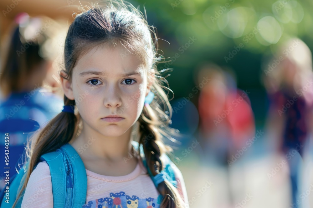 Young girl with a serious expression stands alone in a playground during school hours, with other children blurred in the background Young girl with a serious expression stands alone in a playground during school hours, with other children blurred in the background