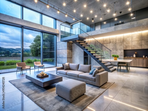 Sleek, minimalist living room with floor-to-ceiling windows, graystone walls, polished concrete floors, and a stunning photo