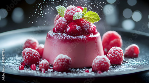 Pink dessert with raspberries and powdered sugar on a black plate. photo