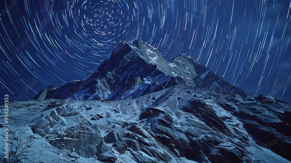 Fototapeta premium Star Trails Above Majestic Mountain Peak