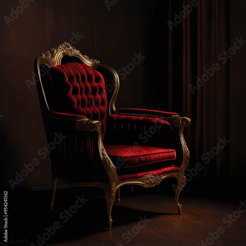 Elegant Vintage Red Velvet Armchair with Ornate Gold Detailing in a Dark Luxurious Setting