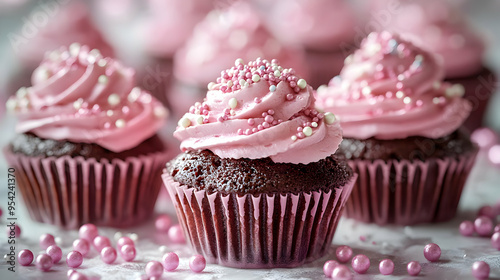 Pink frosted cupcakes with ...