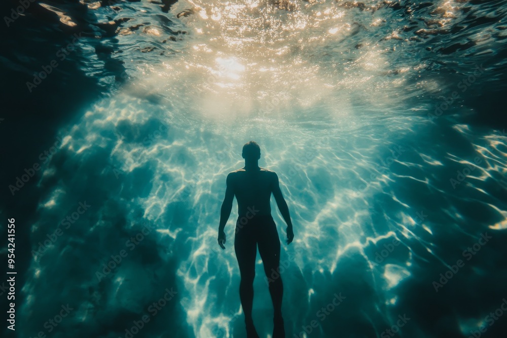 Fototapeta premium Underwater Silhouette of Person in Deep Blue Illuminated by Sunlight Rays