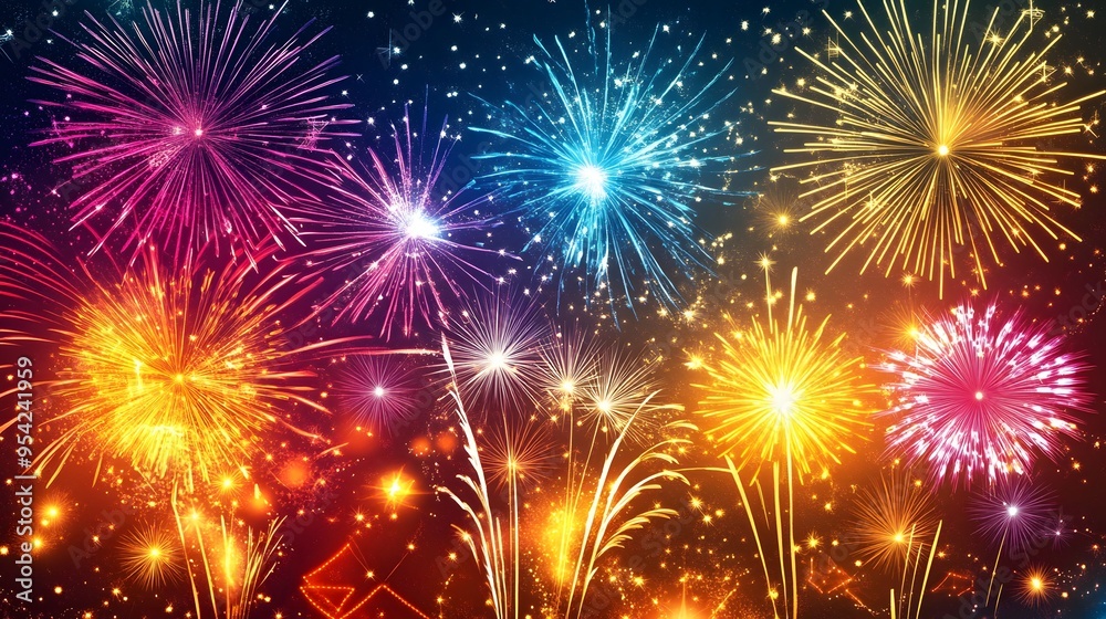 Fototapeta premium 1. **A vibrant and festive New Year 2025 poster featuring colorful fireworks bursting in the night sky, with a dazzling display of bright lights and a backdrop of shimmering stars and elegant