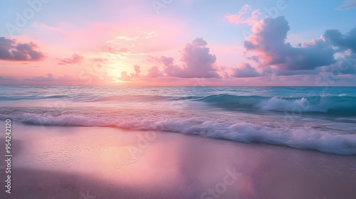 Pink sunset sky over the calm ocean and sandy beach. photo