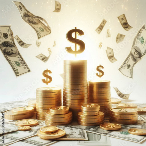 Free  Money vector money photo Gold coins and banknotes 3d cartoon style icon black Friday 
