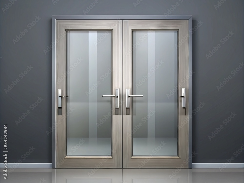 Sleek modern double door design with silver handles and transparent glass panels, set against a neutral grey Sleek modern double door design with silver handles and transparent glass panels, set against a neutral grey