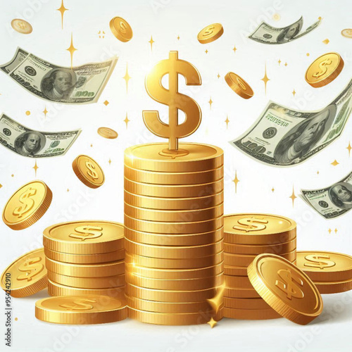 Free  Money vector money photo Gold coins and banknotes 3d cartoon style icon black Friday 
