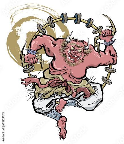 河鍋暁斎風の雷神-古典絵画風