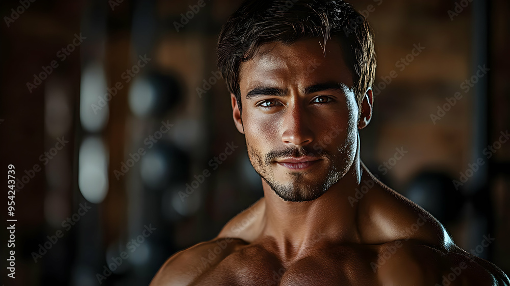 Portrait of a muscular man with a determined expression, looking directly at the camera, with a blurred background of a gym. Portrait of a muscular man with a determined expression, looking directly at the camera, with a blurred background of a gym.