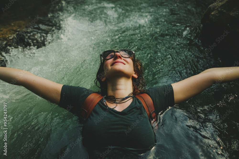 Fototapeta premium Joyful Woman Relaxing in a Refreshing River Under Sunlight with Raised Arms