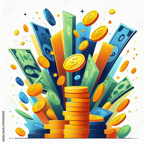 Free  Money vector money photo Gold coins and banknotes 3d cartoon style icon black Friday 
