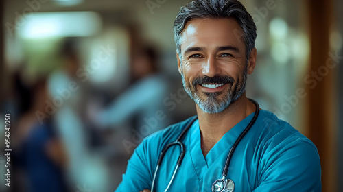 Portrait of a smiling doctor wearing scrubs and a stethoscope.