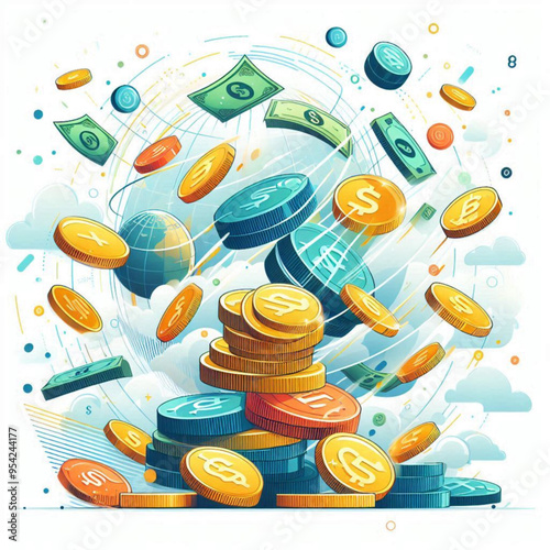 Free  Money vector money photo Gold coins and banknotes 3d cartoon style icon black Friday 
