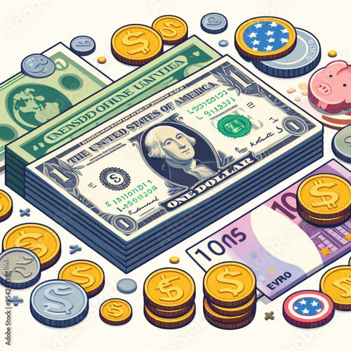 Free  Money vector money photo Gold coins and banknotes 3d cartoon style icon black Friday 
