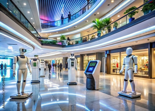 Sleek, modern shopping space with interactive digital displays, autonomous robots, and futuristic payment systems, photo