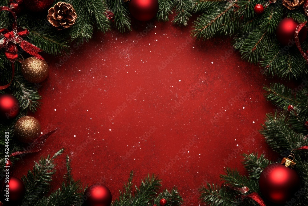 Festive Christmas decor with a vibrant red background and decorative elements perfect for holiday text Festive Christmas decor with a vibrant red background and decorative elements perfect for holiday text