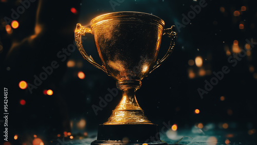 Realistic Closeup of a Gold Trophy on a Dark Background