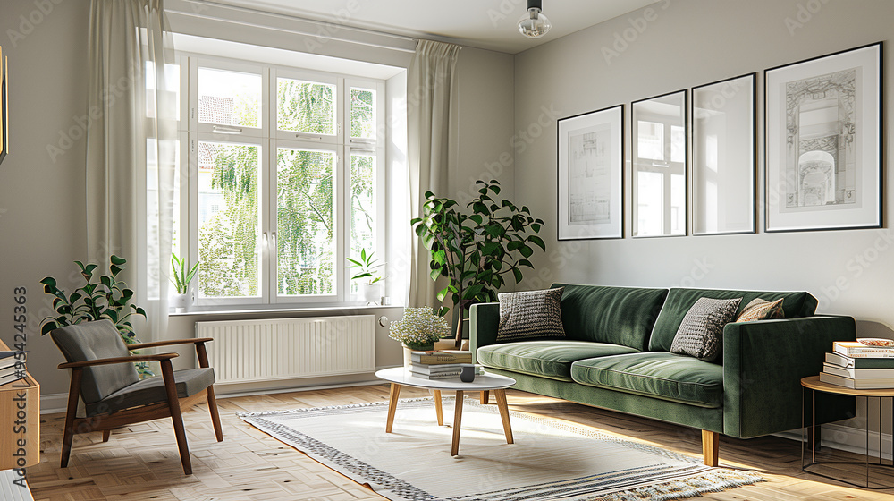 Fototapeta premium Modern living room with a forest green sofa, cream-colored walls, and light wood flooring