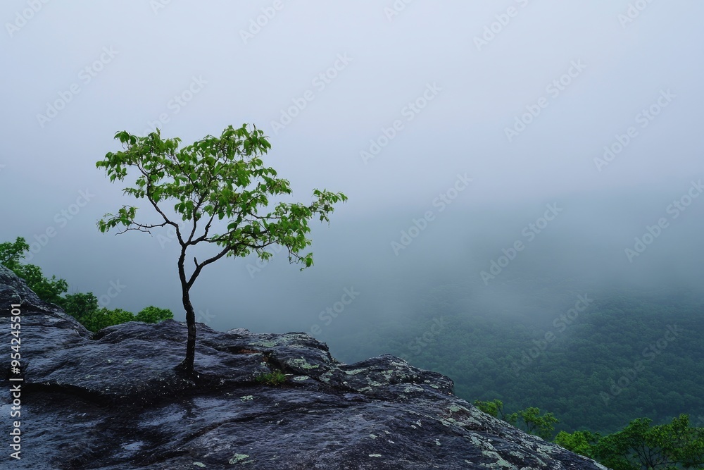Lone Sapling Thriving on Misty Mountain Overlook , ai Lone Sapling Thriving on Misty Mountain Overlook , ai